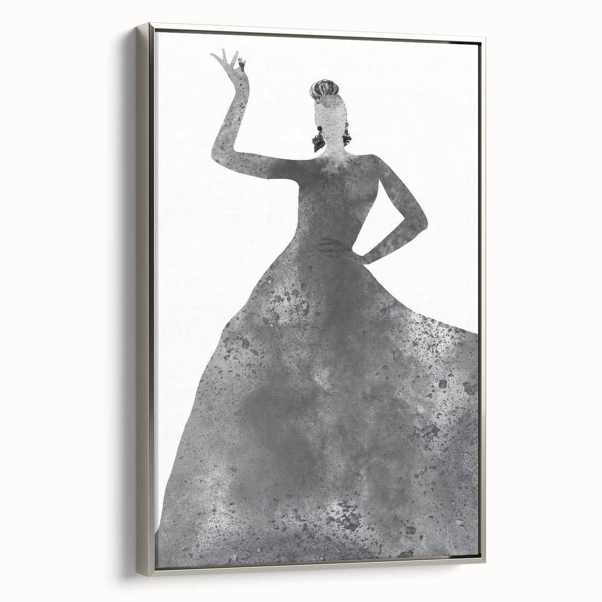 Framed abstract figurative canvas artwork with a silver frame, showcasing a modern design featuring flowing shapes and vibrant colors, perfect for contemporary decor.