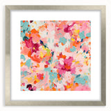 Abstract floral wall art framed in silver with a mat, showcasing vibrant colors and intricate designs, perfect for enhancing modern interior decor.