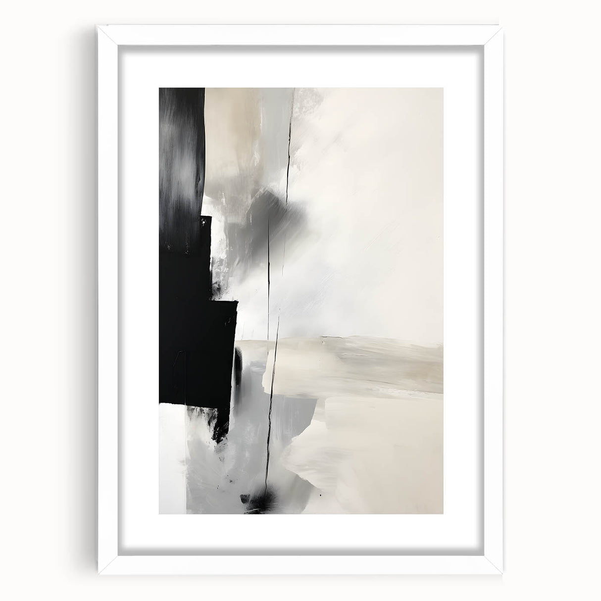 Abstract minimalist wall art framed in white with a mat, showcasing soft pastel colors and geometric shapes, perfect for modern home decor. Ideal for enhancing interior aesthetics and adding a touch of sophistication to any room.