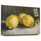 Large abstract wall art of assorted fruits in vibrant colors on acrylic glass, ideal for bedroom or dining room decor.