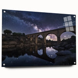 Landscape acrylic glass bridge design showcasing a modern architectural style with pins for support, set against a clear background, emphasizing its sleek lines and vibrant colors. Perfect for contemporary home decor.
