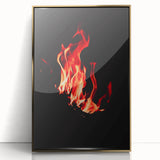 Large art print of a mid-century modernist autumn scene in gold and orange tones, framed acrylic.