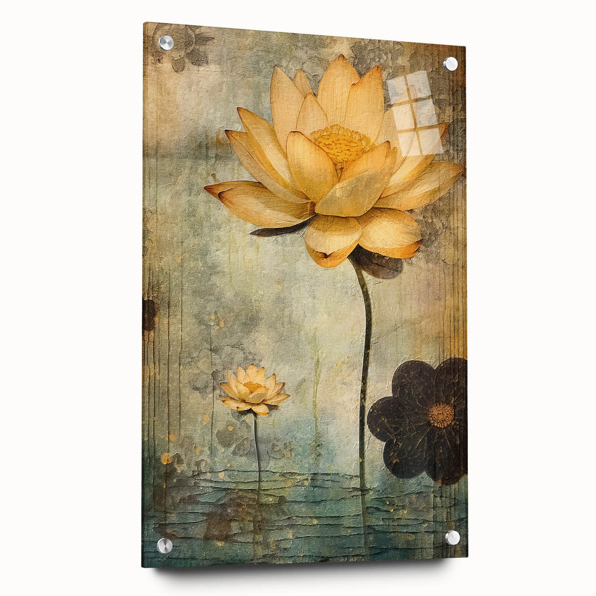 Golden Lotus Living Room Wall Art - Modern Canvas & Framed Print