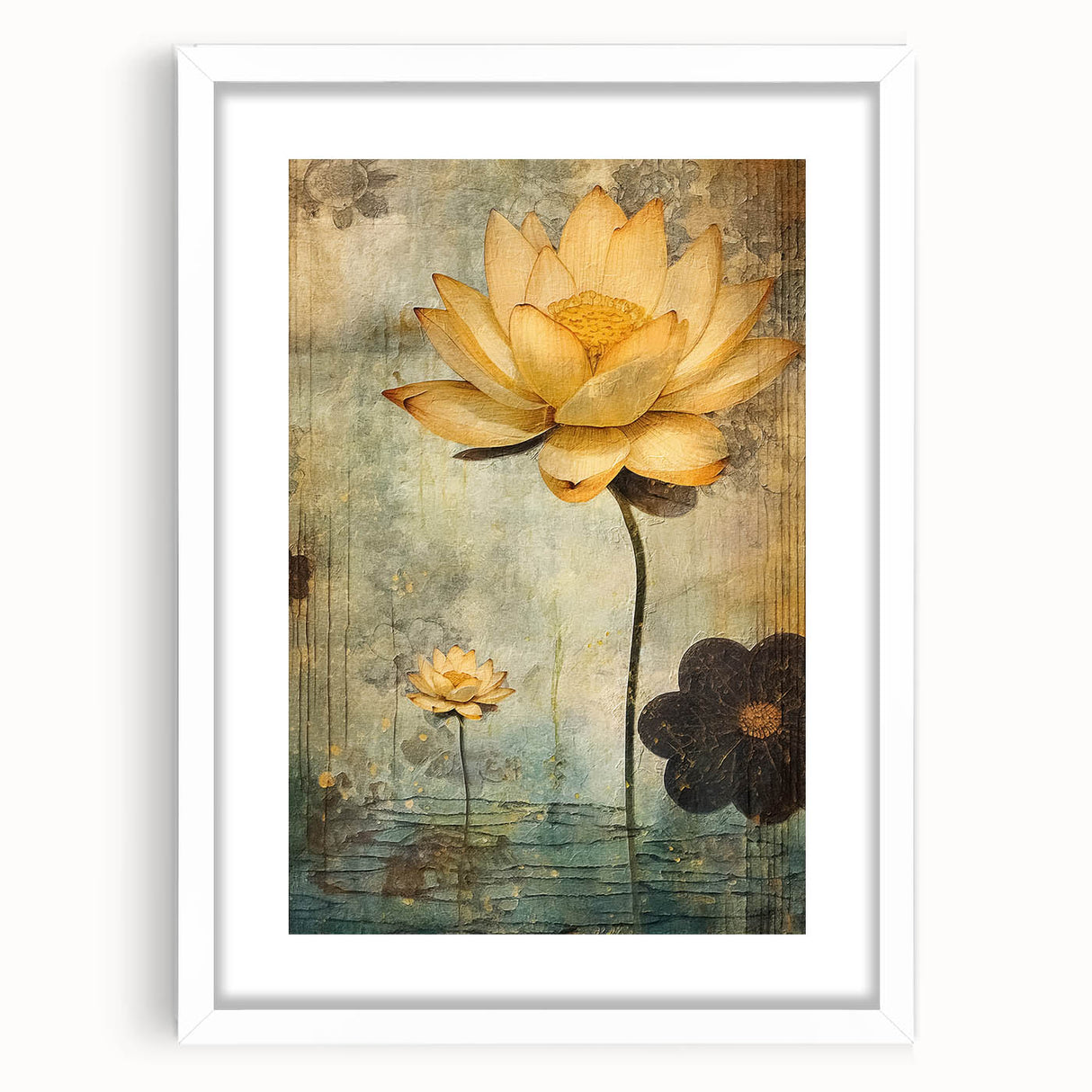 Golden Lotus Living Room Wall Art - Modern Canvas & Framed Print