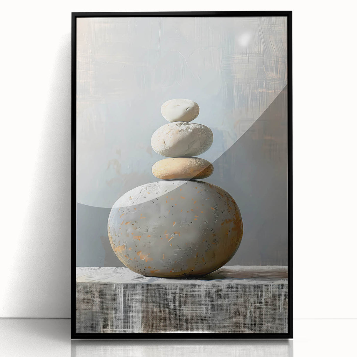 Framed abstract minimalist wall art featuring bold black and white geometric patterns, showcased against a sleek acrylic surface, perfect for modern decor.