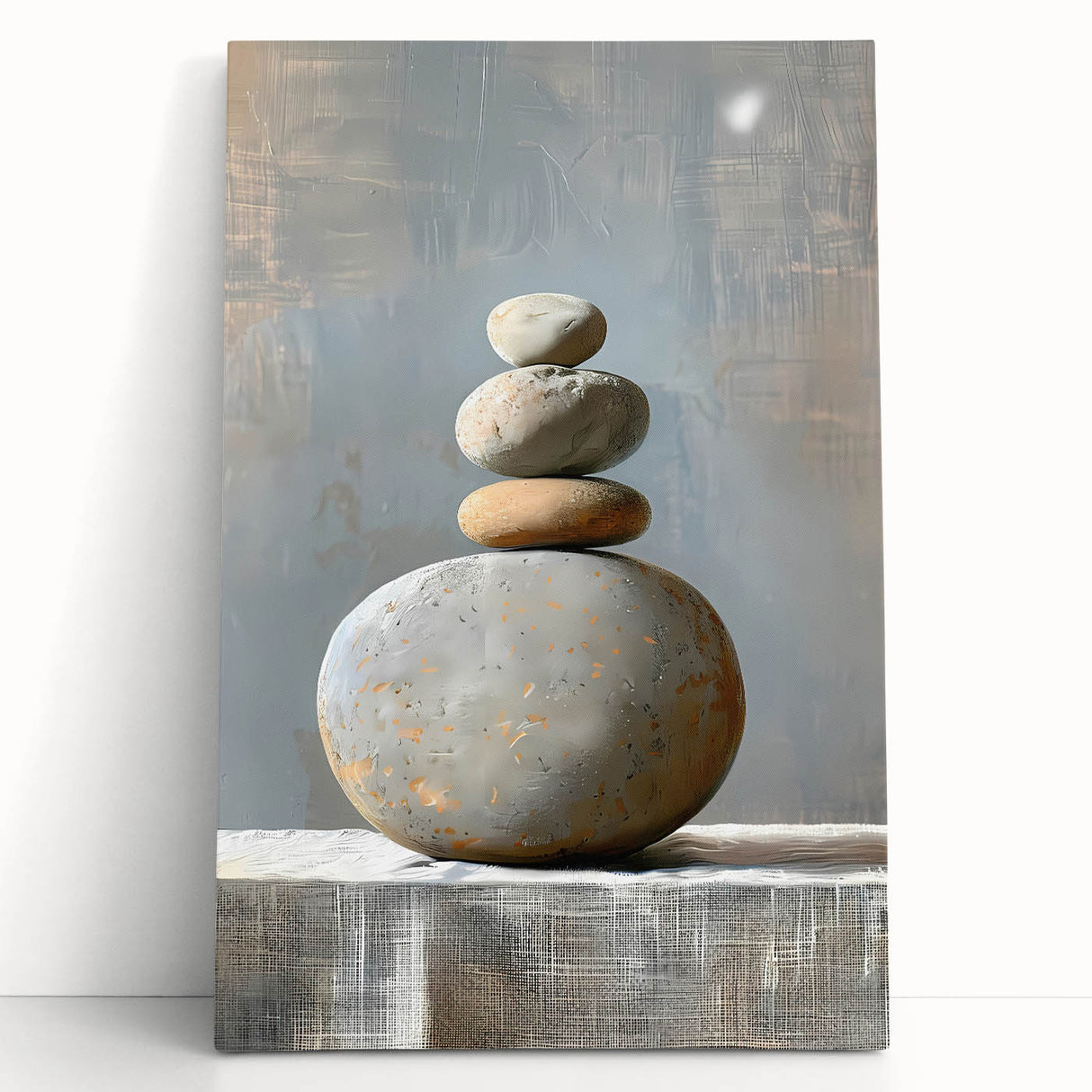 Abstract minimalist wall art on stretched canvas featuring bold geometric shapes in muted tones, elegantly leaning against a light-colored wall, perfect for modern decor.