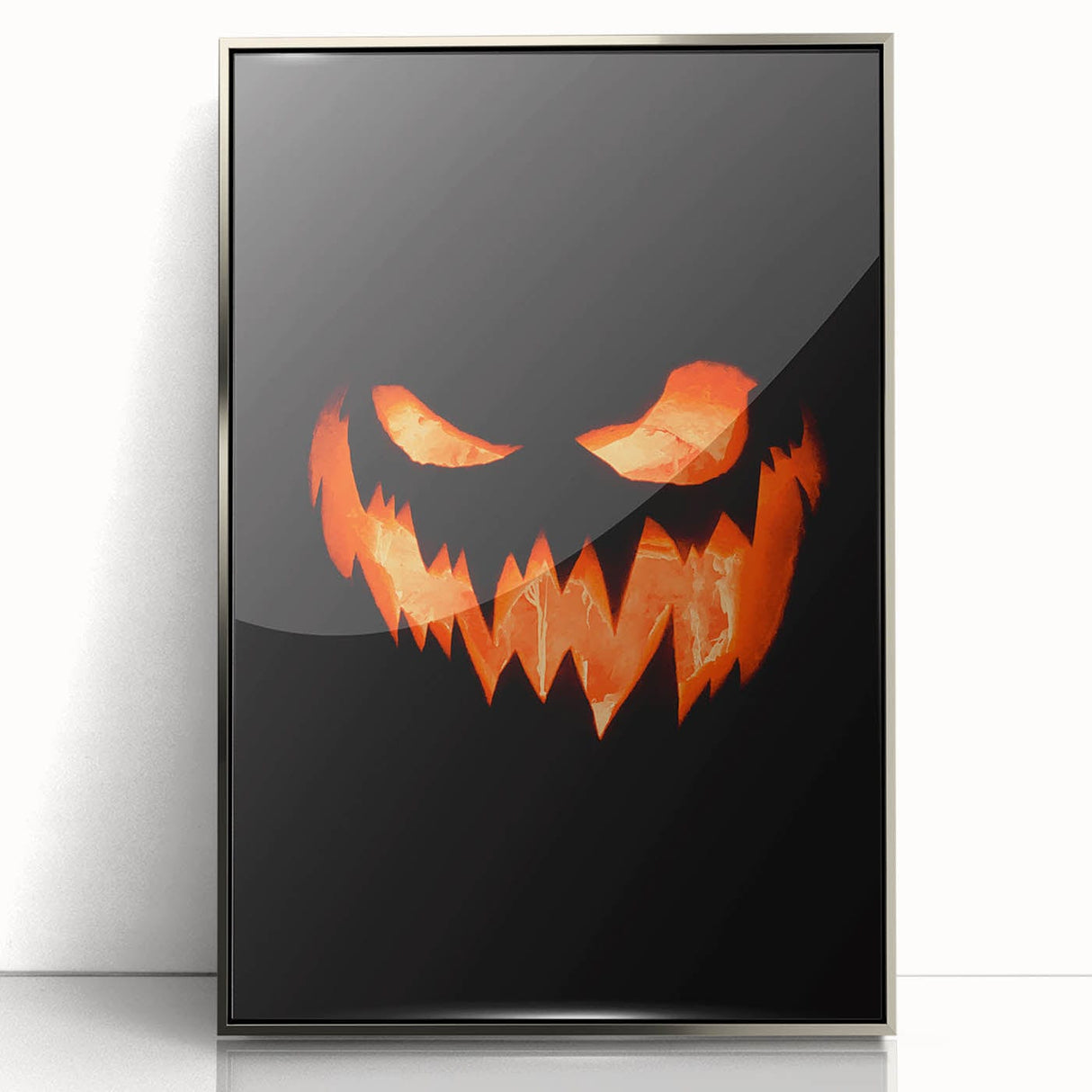 Mid-century modernist art depicting an abstract fall landscape in warm orange and brown tones on a silver-framed acrylic…