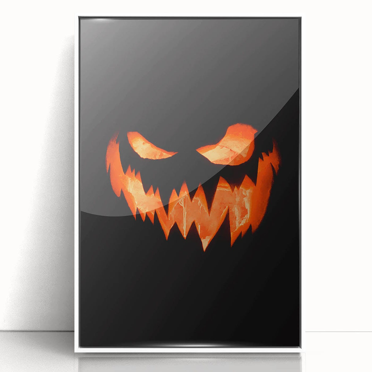 Art deco poster featuring a stylized fall scene in orange and brown tones on white acrylic, framed.
