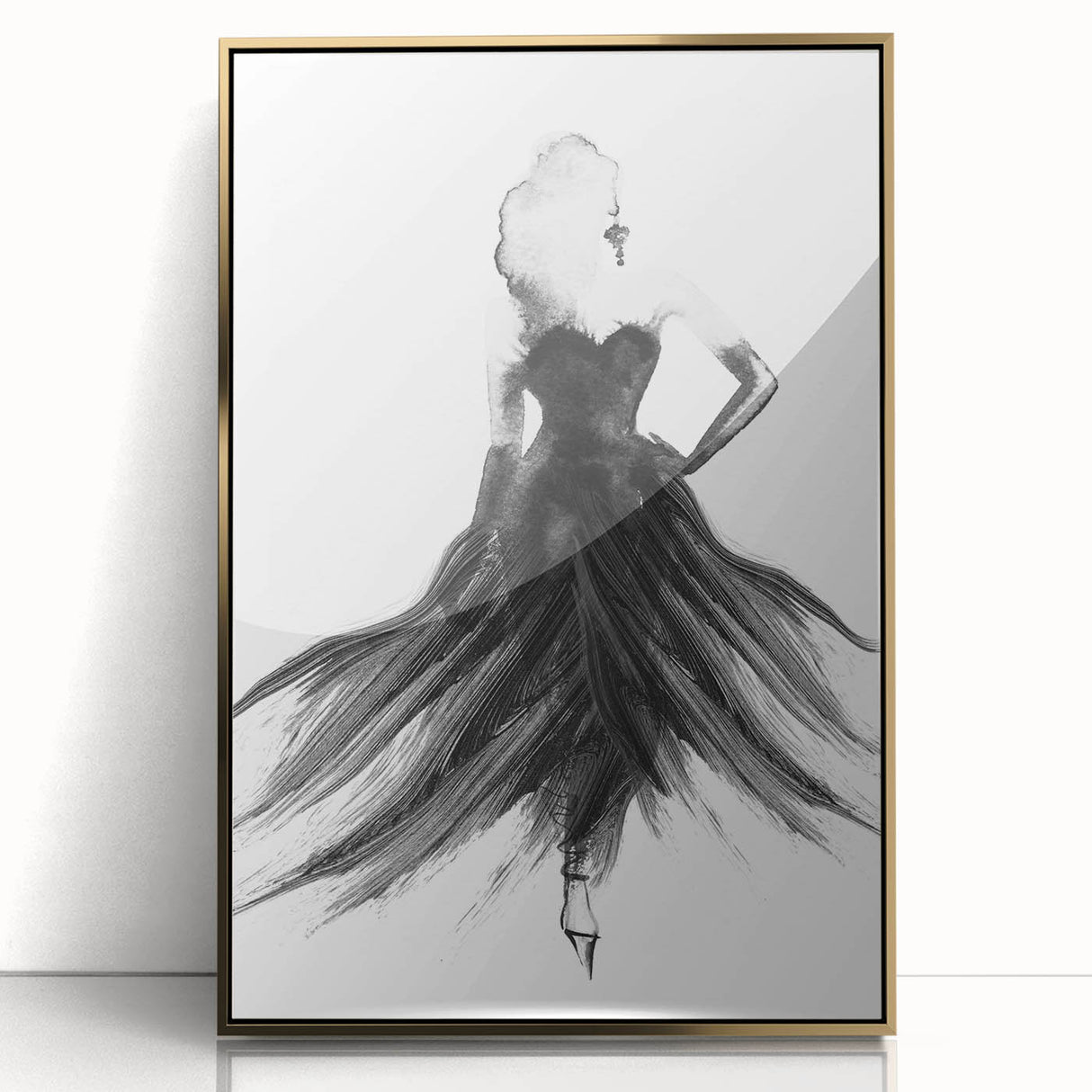 Framed abstract figurative art piece with a gold-acrylic finish, showcasing dynamic shapes and textures, perfect for modern home decor and art enthusiasts.