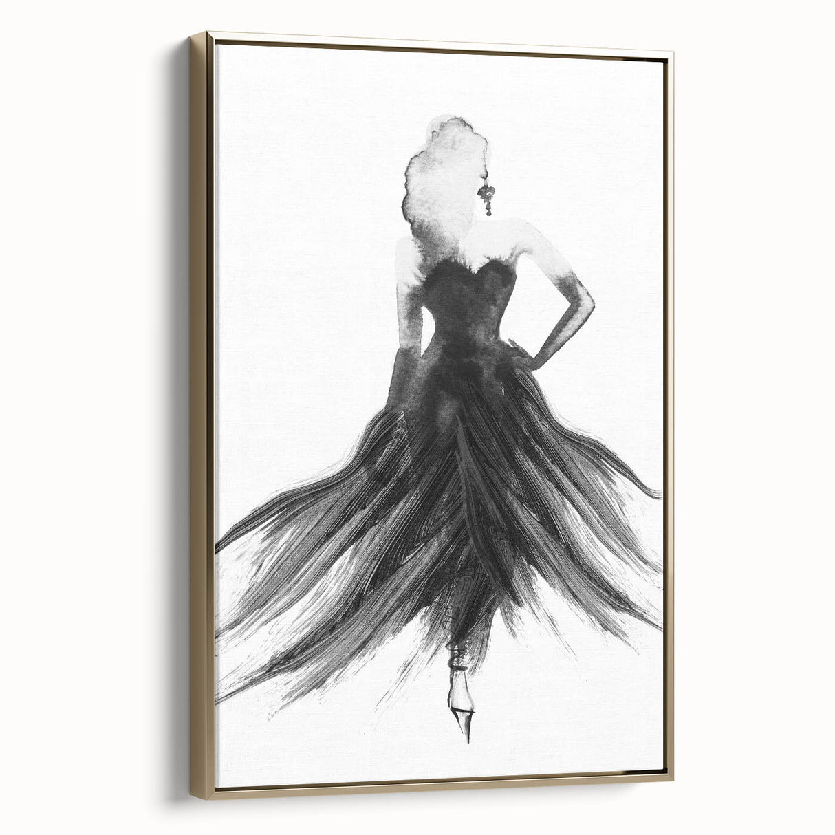 Abstract figurative wall art featuring a gold-framed canvas with vibrant colors and dynamic shapes, showcasing modern artistic expression in a sophisticated setting.