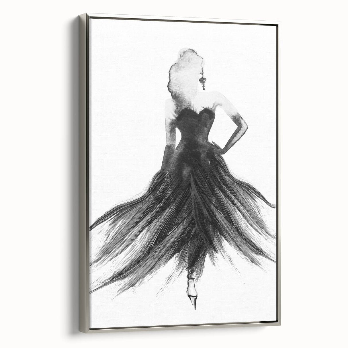 Abstract figurative art piece framed in silver, showcasing dynamic shapes and vibrant colors, perfect for modern decor in living spaces or galleries.