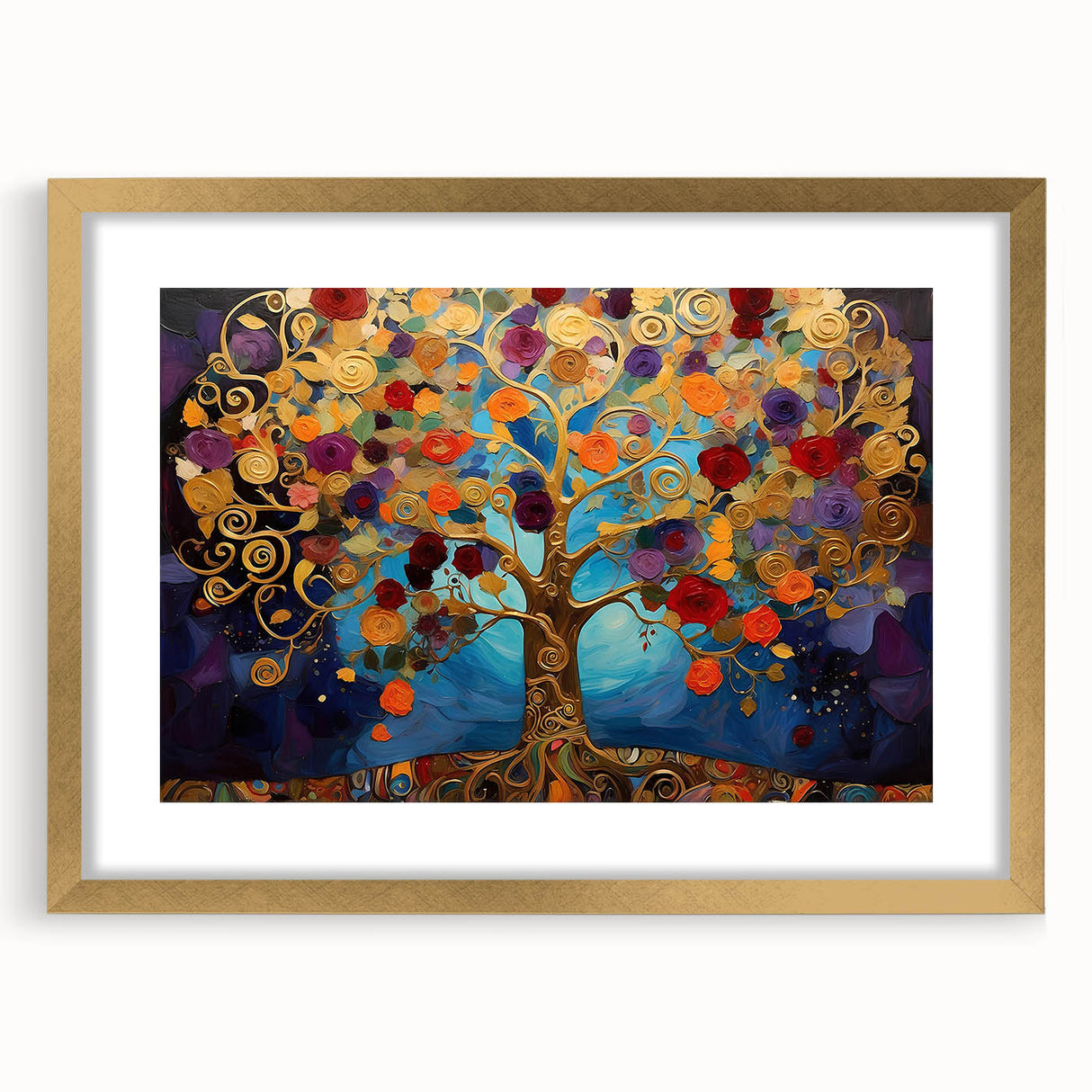 Abstract floral wall art framed in gold, showcasing vibrant colors and intricate designs, ideal for modern home decor. Perfect for adding elegance to any space.