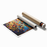 Vibrant abstract floral wall art print showcasing a mix of bold colors and intricate patterns, perfect for enhancing modern home decor. The design features a blend of blues, pinks, and greens, creating a lively and artistic aesthetic. Ideal for wall decoration in living spaces or offices.