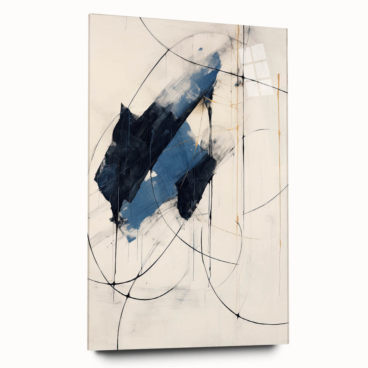 Abstract minimalist wall art design displayed in a sleek acrylic frame, showcasing a harmonious blend of soft colors and geometric shapes, perfect for modern decor.