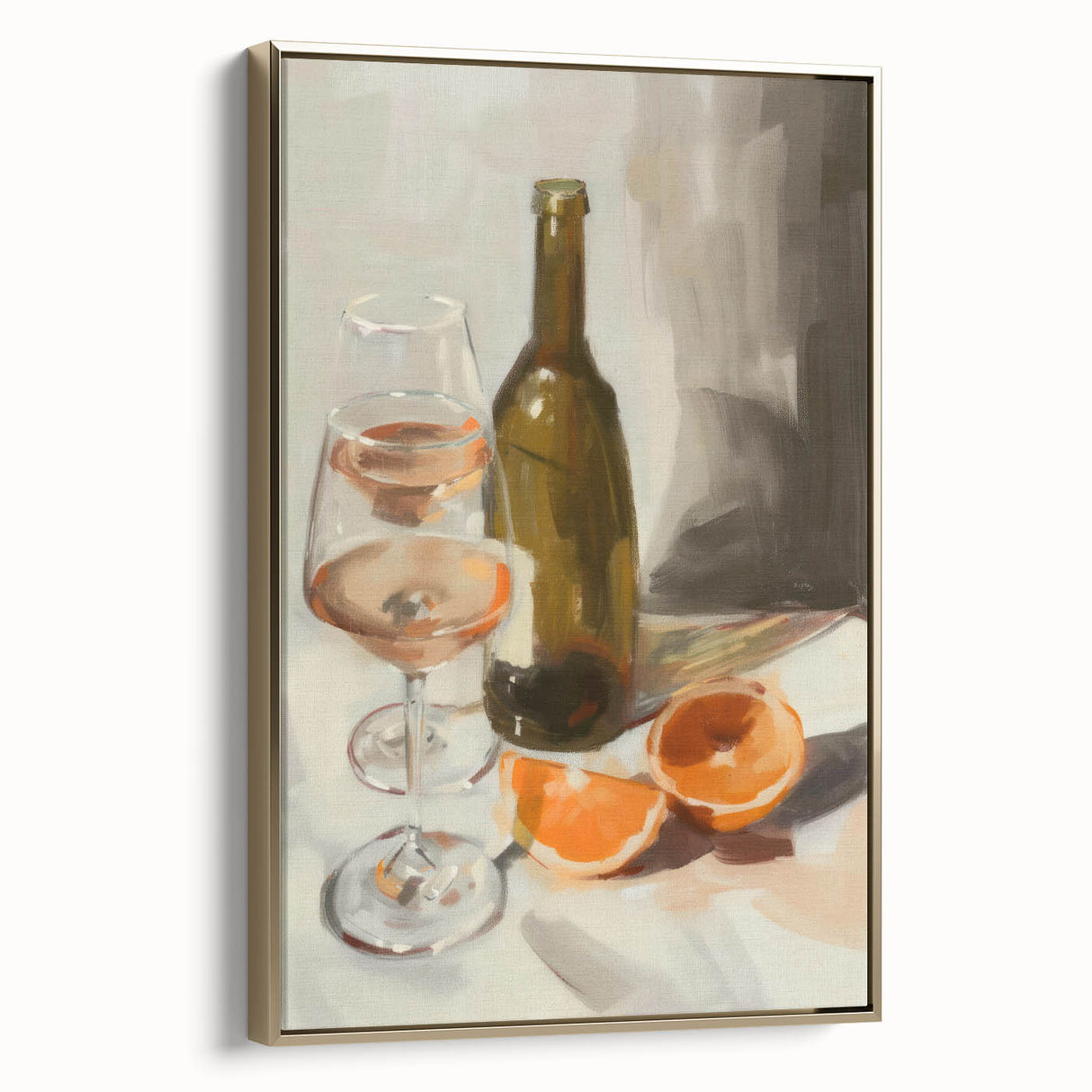 Framed canvas featuring a vintage-style landscape painting of fruits in muted gold and black tones.