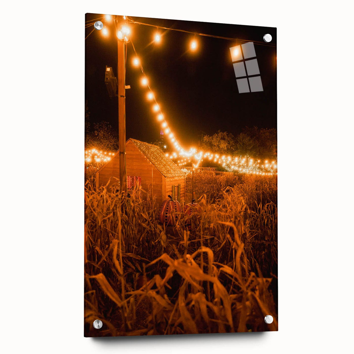 Large abstract wall art depicting fall seasons in orange and brown tones on acrylic glass.