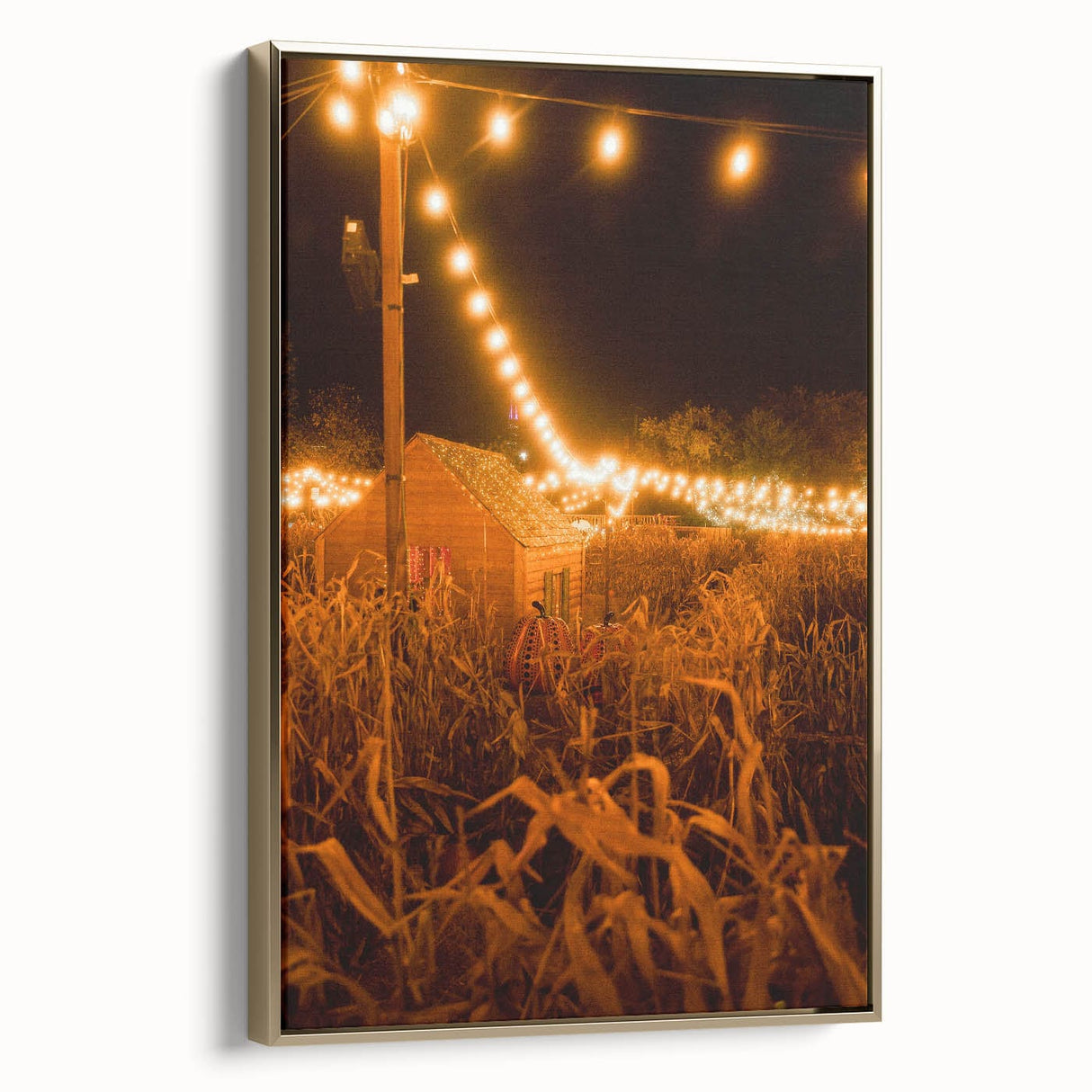 Framed canvas depicting a vintage autumn landscape with muted gold and black tones, ideal for bedroom wall decor.