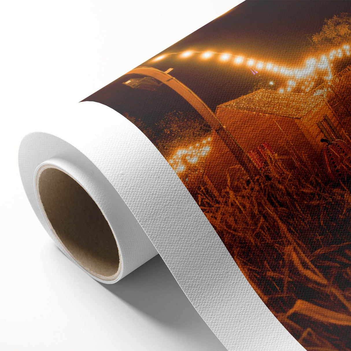 Art deco poster of autumn trees in orange and brown tones on rolled canvas, ideal for nursery wall art.