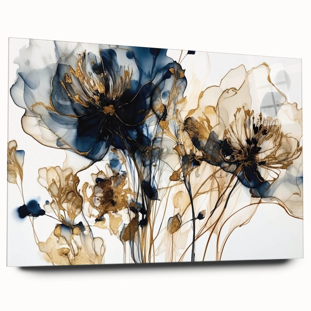 Elegant Navy & Gold Floral Living Room Wall Art - Modern Print