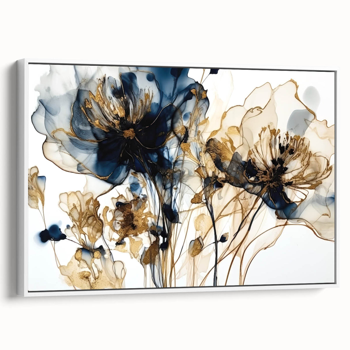 Elegant Navy & Gold Floral Living Room Wall Art - Modern Print