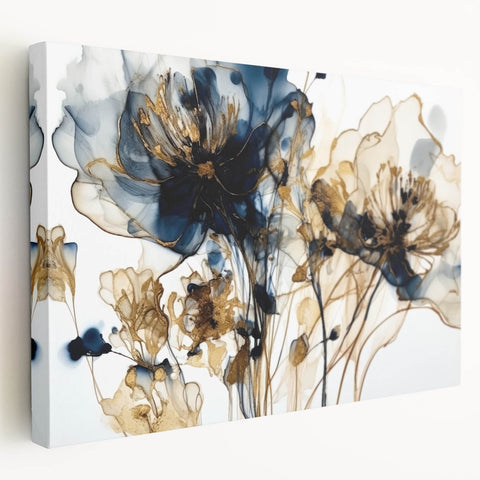 Elegant Navy & Gold Floral Living Room Wall Art - Modern Print