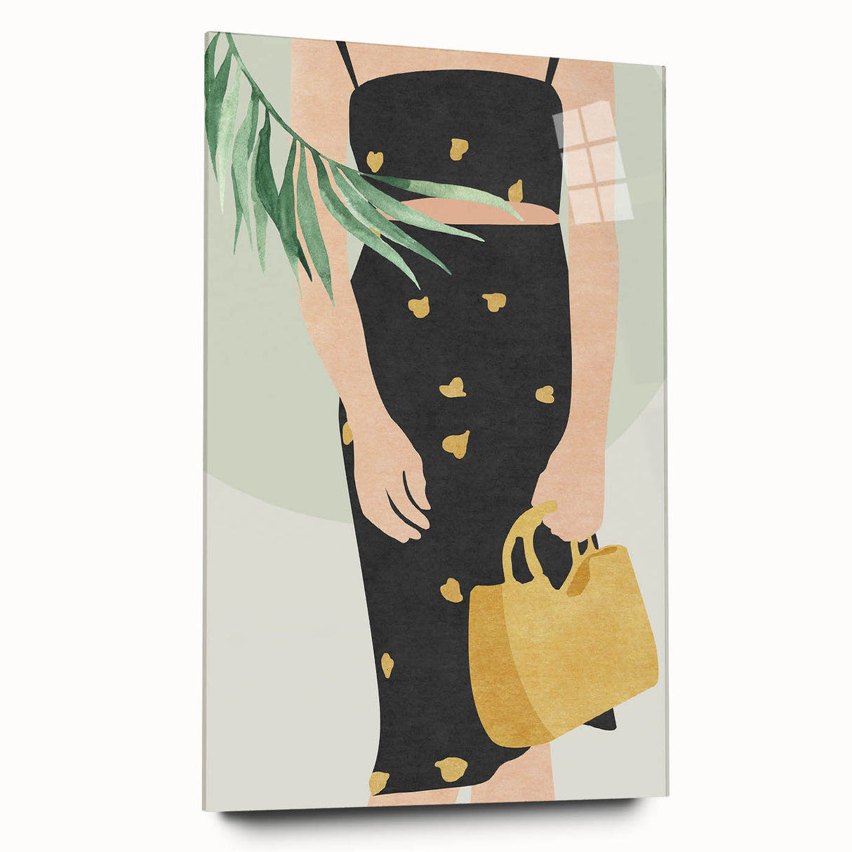 Abstract figurative acrylic artwork displayed from the side, showcasing vibrant colors and intricate details on glass. Perfect for modern home decor.