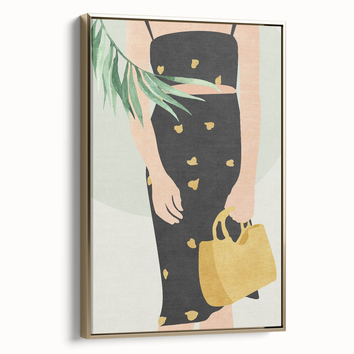 Abstract figurative framed canvas artwork showcasing a gold color palette, featuring dynamic shapes and forms, ideal for enhancing modern interior decor.