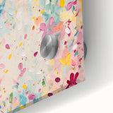 Close-up of vibrant abstract floral wall art, showcasing intricate acrylic glass details in shades of pink, blue, and green, ideal for modern decor.