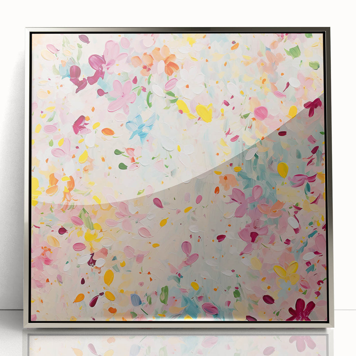Framed abstract floral wall art in silver acrylic, showcasing vibrant colors and intricate designs. Perfect for modern decor or as a statement piece.