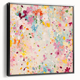 Framed abstract floral wall art in vibrant colors, showcasing intricate patterns on a black background, displayed in a modern setting. Ideal for contemporary decor.