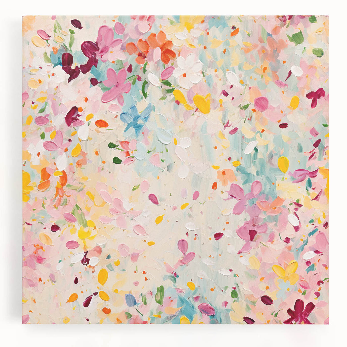 Abstract floral wall art on stretched canvas, showcasing vibrant colors, intricate patterns, and a modern design. Perfect for enhancing home decor with a touch of elegance.