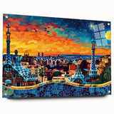 Abstract landscape wall art design displayed in a side view, showcasing vibrant colors and intricate patterns under acrylic glass, secured with decorative pins.