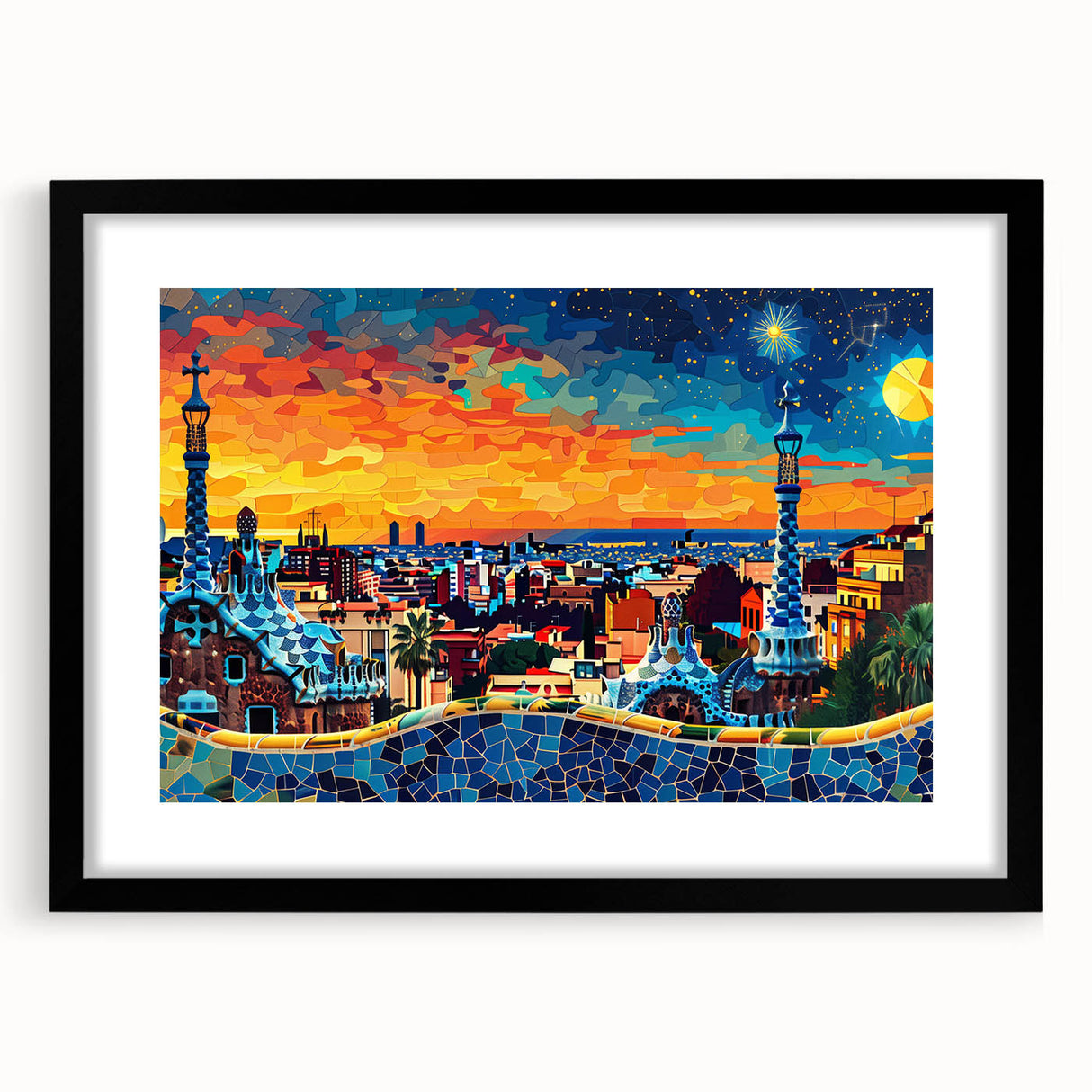 Abstract landscape wall art framed in black, showcasing vibrant colors with a modern design, perfect for enhancing contemporary home decor. The artwork features a serene blend of blues and greens, creating a calming atmosphere ideal for living rooms or offices.