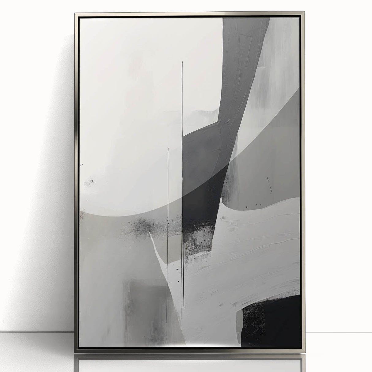 Framed abstract minimalist wall art in sleek silver acrylic, showcasing geometric shapes and soft color gradients, ideal for modern home decor.
