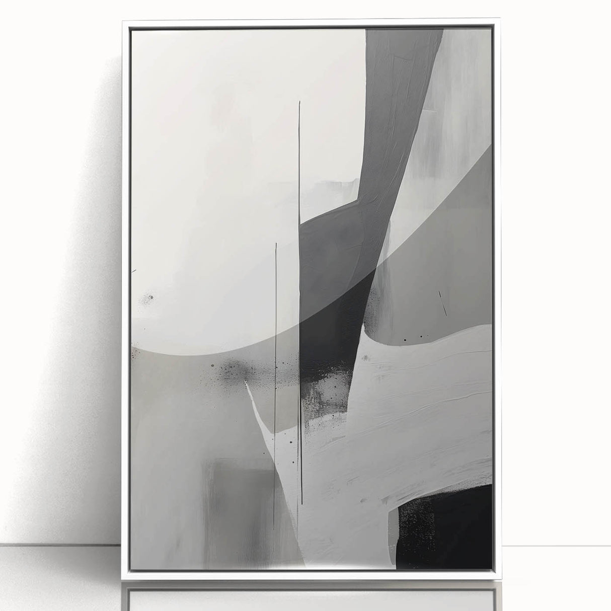 Framed abstract minimalist wall art design featuring soft white and light gray tones, showcasing a modern aesthetic perfect for contemporary decor.