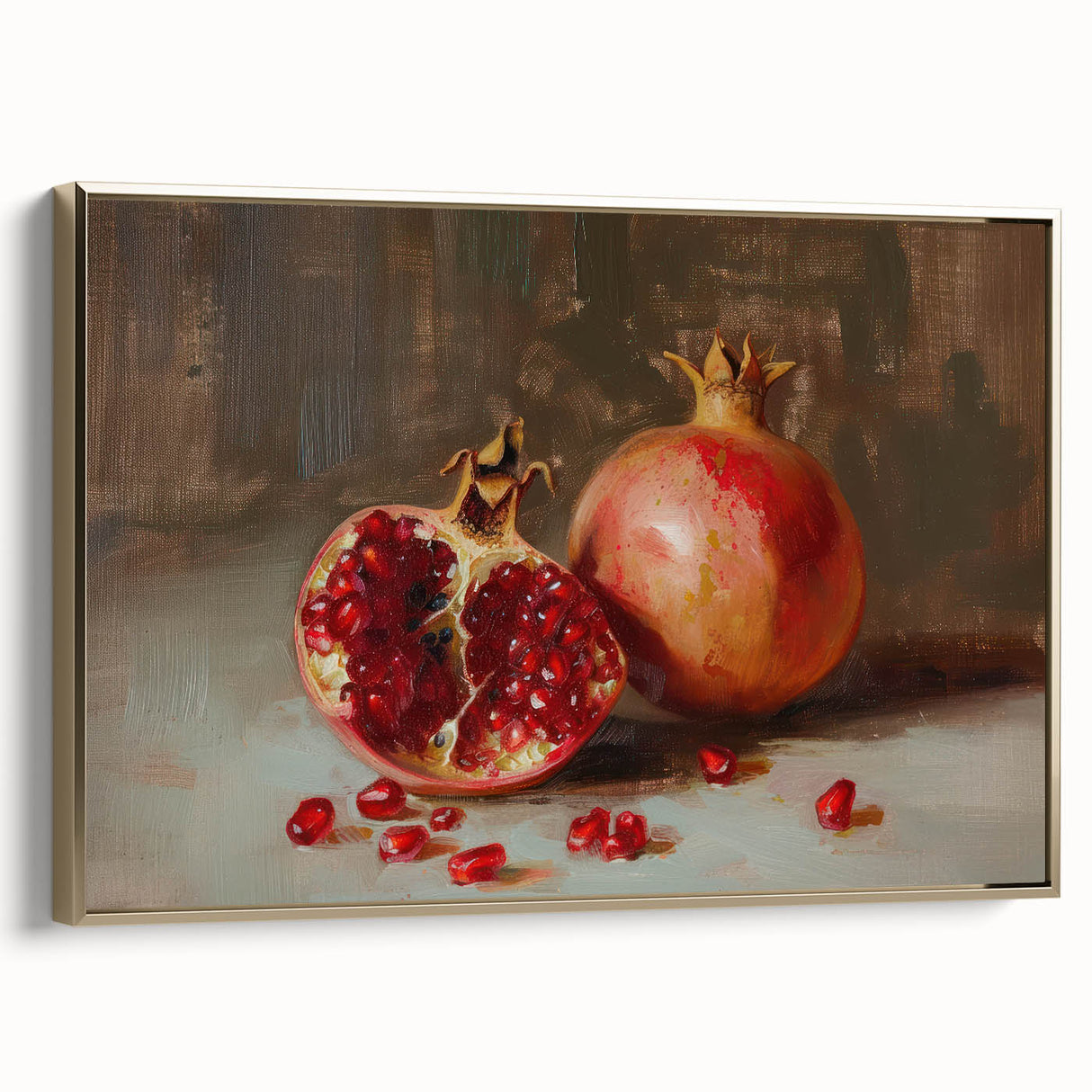 Framed canvas depicting a vintage poster of various fruits in muted tones, ideal for bedroom wall art.