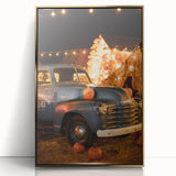 Large art print of an abstract, mid-century modernist fall scene in warm gold tones on a framed acrylic.