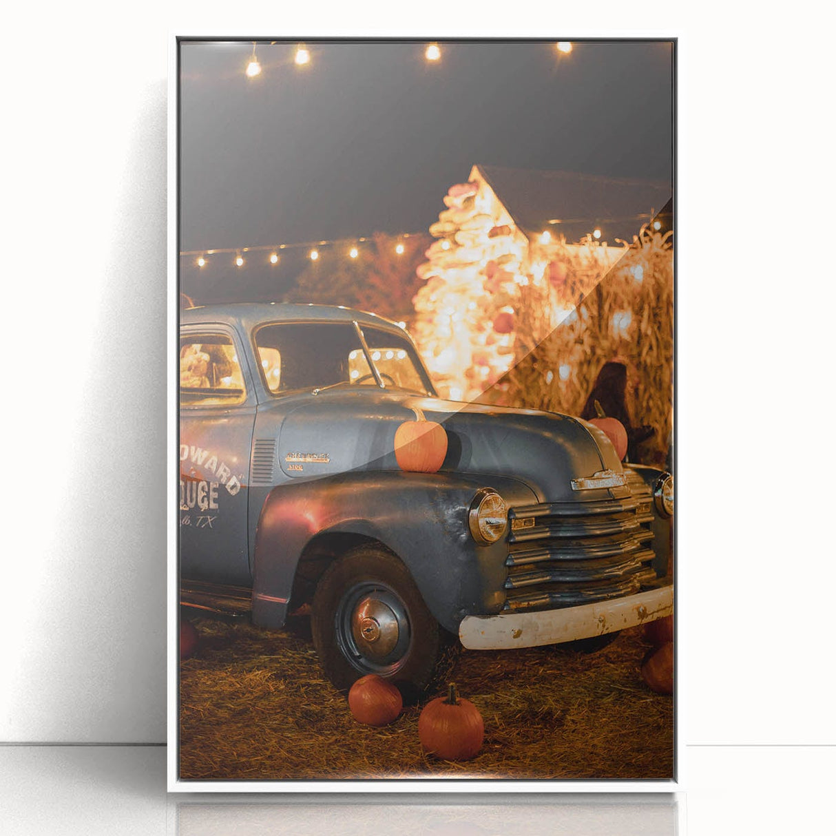 Art deco poster featuring fall foliage in muted red and orange tones on a white acrylic framed print.