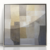 Abstract geometric framed acrylic art piece in silver, showcasing intricate shapes and patterns, perfect for modern home decor. The artwork exudes elegance and contemporary style, ideal for enhancing living spaces or office environments.