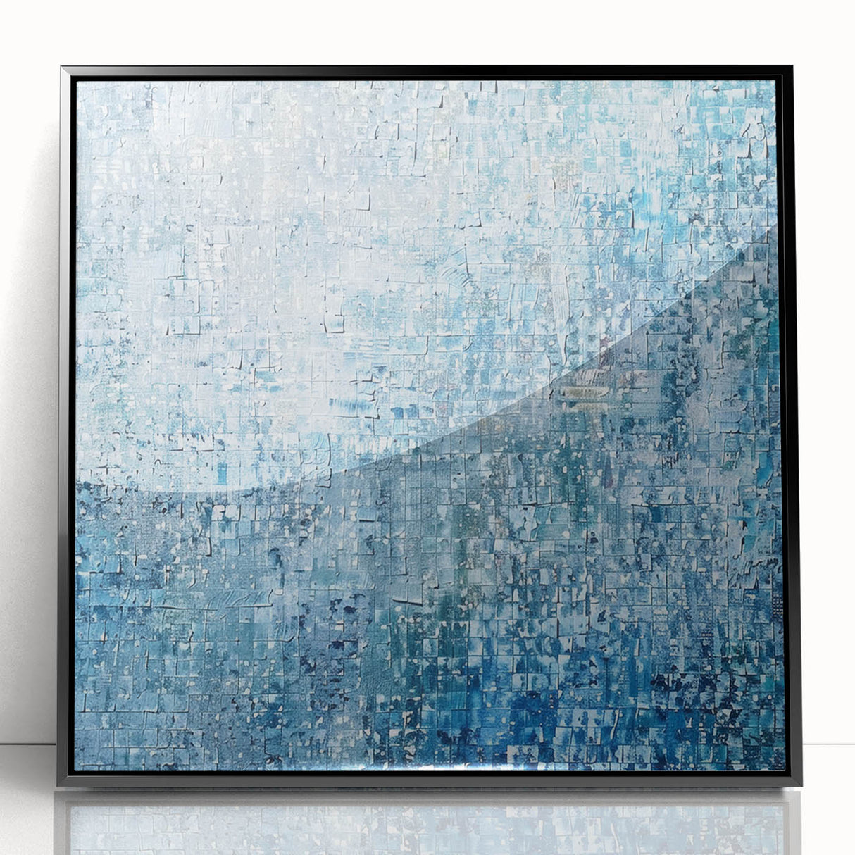 Framed abstract splatter art piece in black acrylic, showcasing vibrant color contrasts and dynamic shapes, ideal for modern home decor and artistic interiors.