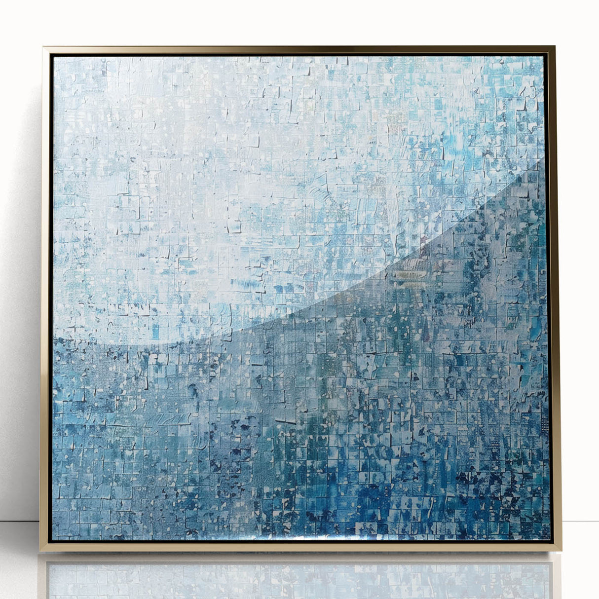 Framed acrylic artwork showcasing abstract gold splatters against a deep blue background, adding a modern touch to home decor. Perfect for contemporary art lovers.