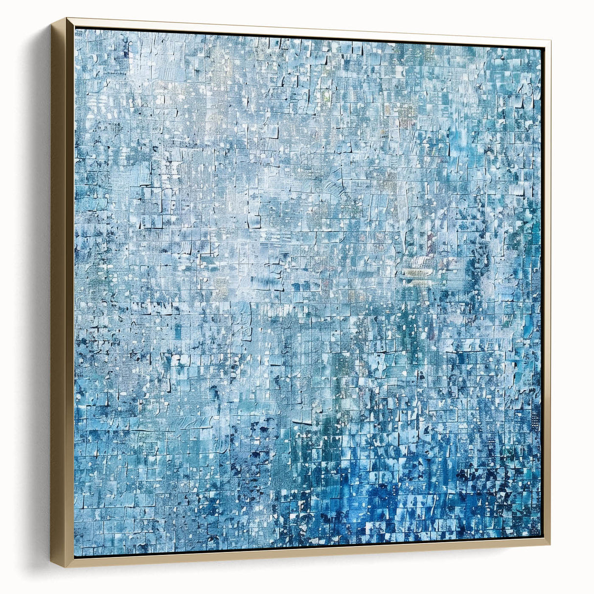 Framed canvas artwork displaying an abstract design of silver and gold splatters, perfect for modern decor, highlighting vibrant colors and dynamic textures.