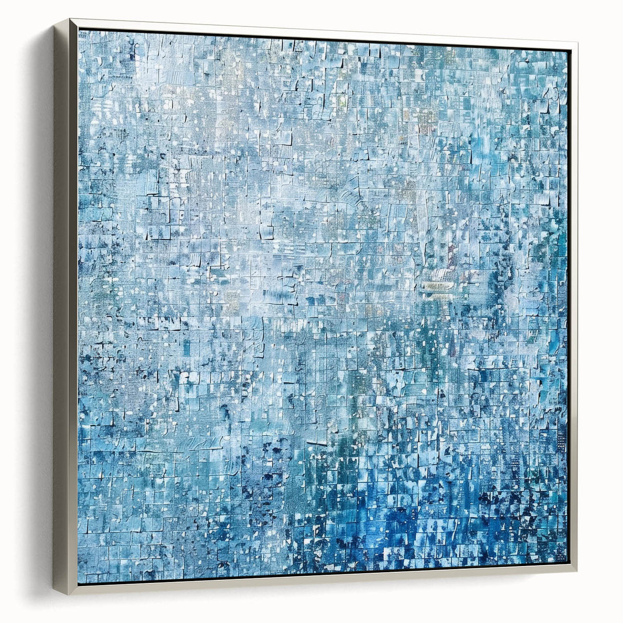 Framed abstract wall art featuring colorful splatter designs, presented in a sleek silver frame, perfect for modern home decor or artistic themes.