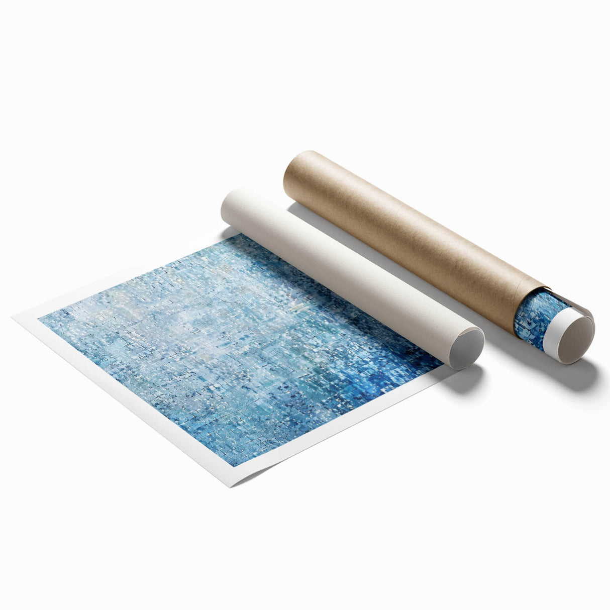 Abstract art print showcasing vibrant splatter patterns in shades of blue, orange, and yellow, elegantly rolled and ready for framing, perfect for modern home decor.