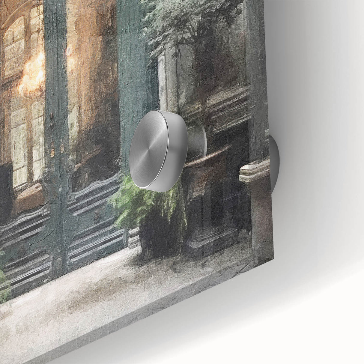 Close-up of a French door design in muted earth tones on acrylic glass.