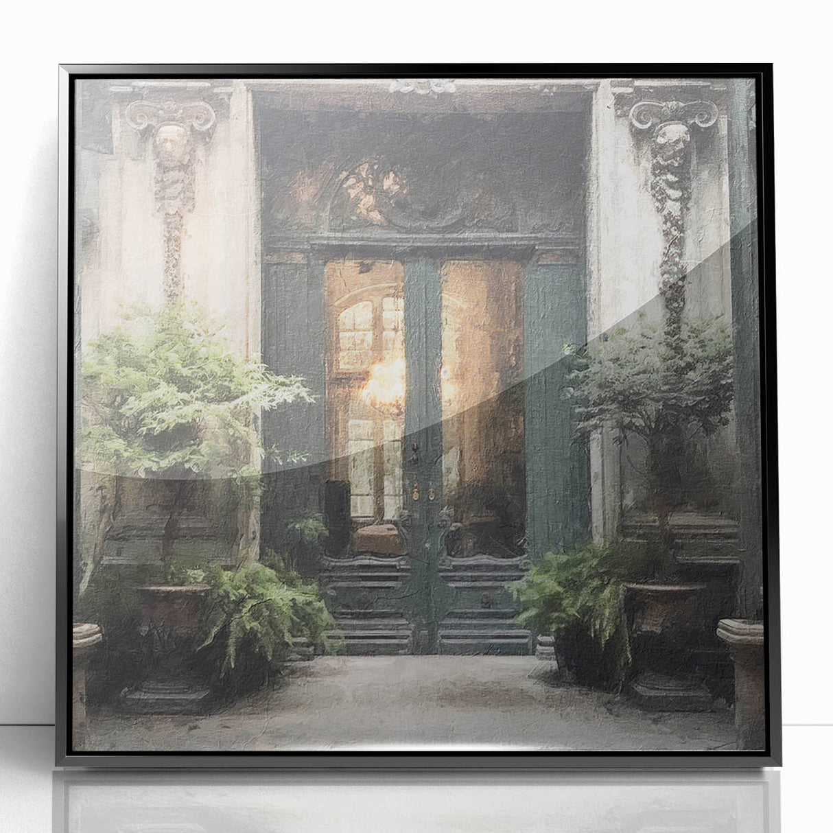 Large abstract wall art featuring a mid-century modernist acrylic print of a French door, in black and white tones.