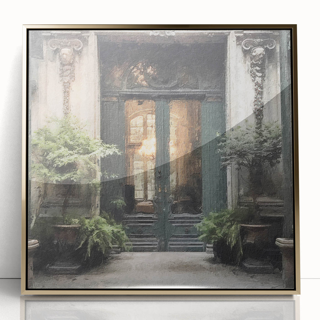 Mid-century modernist acrylic print of a French door design in gold tones, ideal for modern art wall decor.