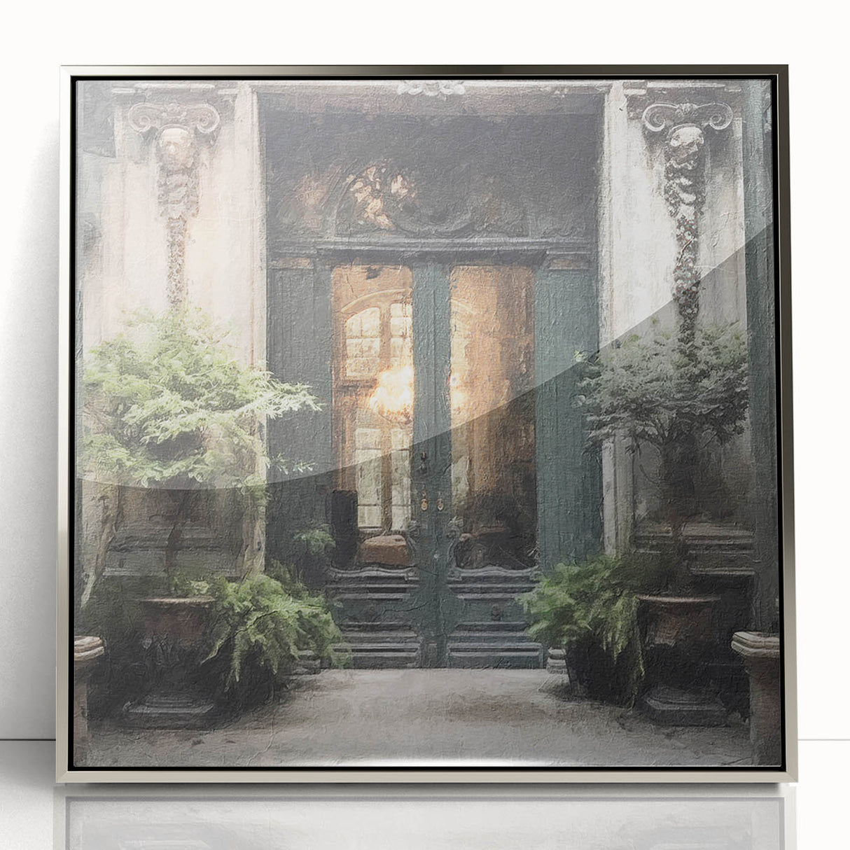Mid-century modernist art of a French door, acrylic print in silver frame, suitable for nursery wall art.