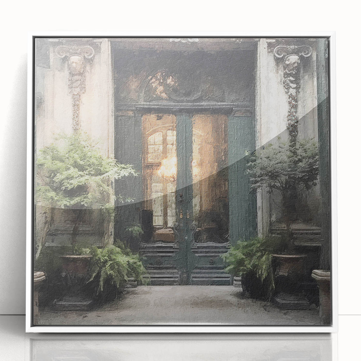 Art deco poster featuring a symmetric French door design in black and white, framed acrylic.