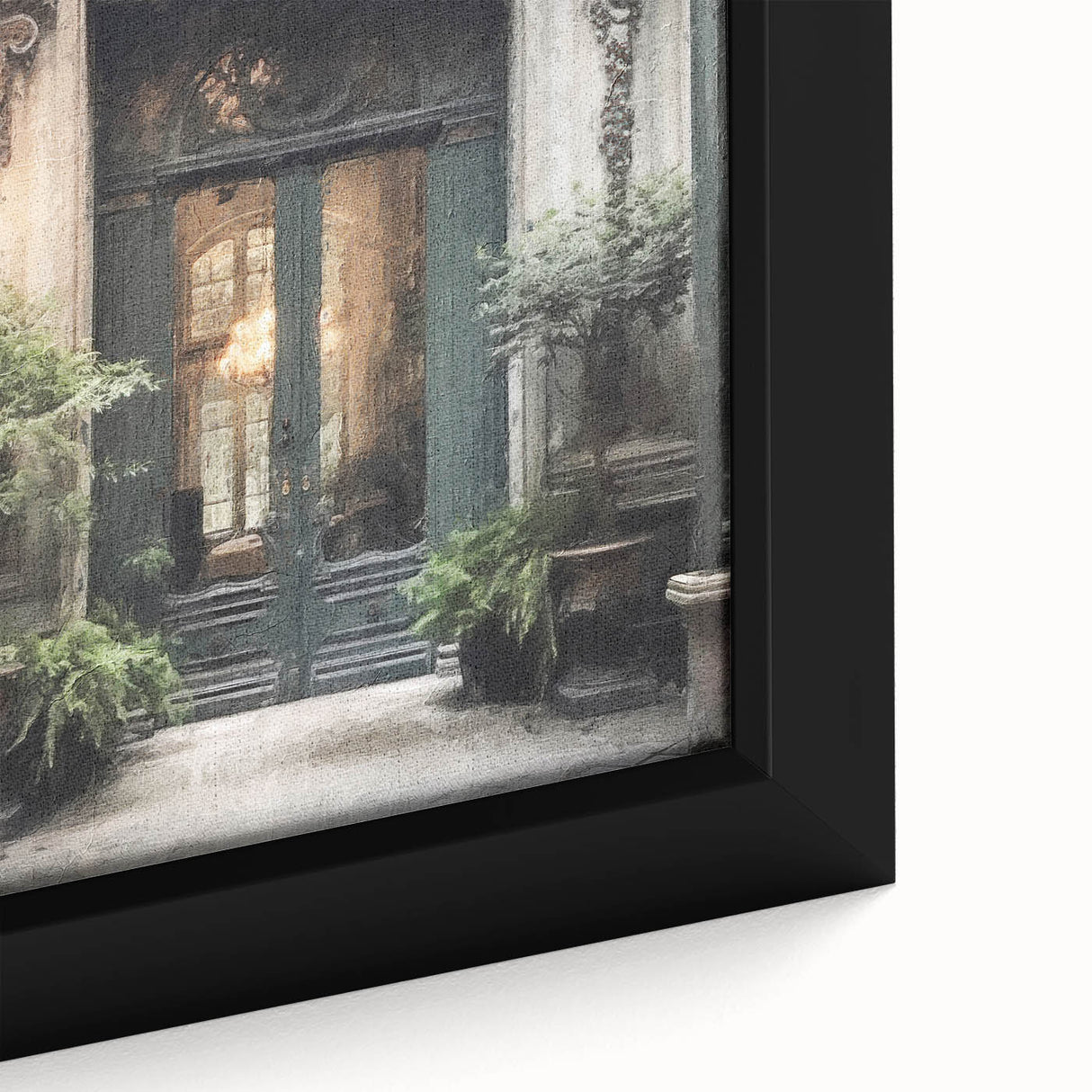 Black wall art featuring a close-up of a French door design in vibrant colors on a textured, framed canvas.